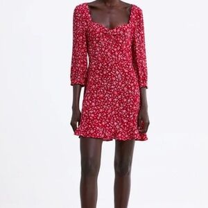 Zara Red and White Floral Ruffle Mini Dress